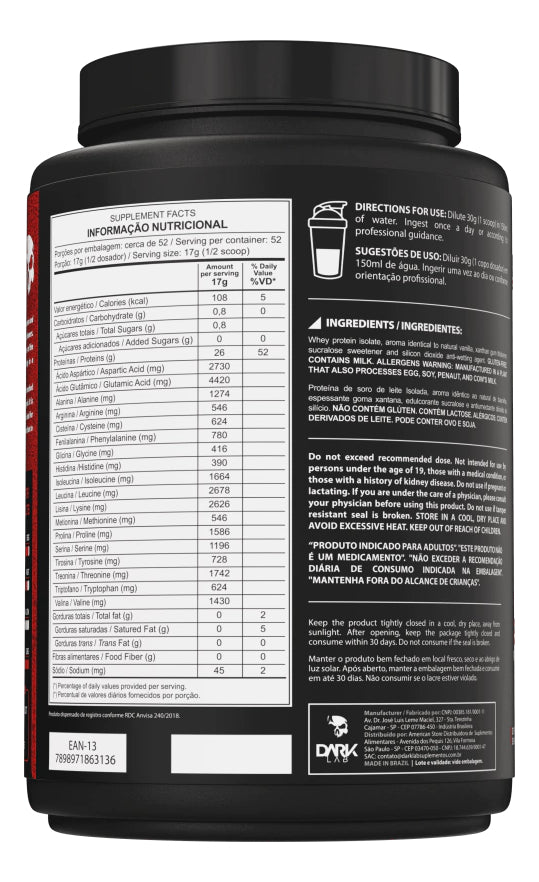 Whey Isolado Zero 900g Dark Lab - Whey Protein Zero Carb Sabor Chocolate (LOW CARB)